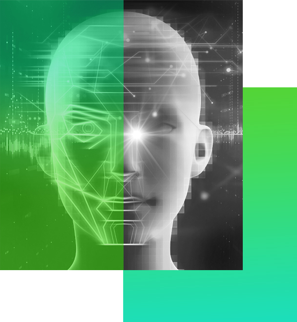 two square boxes. Box on top shows a black and white photo of biometric face. Behind box shows green gradient.