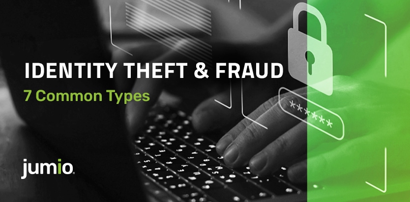 image of computer in the background. Text of image: Identity Theft & Fraud: 7 Common Types