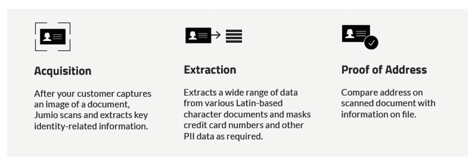 Acquisition After your customer captures an image of a document, Jumio scans and extracts key identity-related information. Extraction Extracts a wide range of data from various Latin-based character documents and masks credit card numbers and other PII data as required. Proof of Address Compare address on scanned document with information on file.